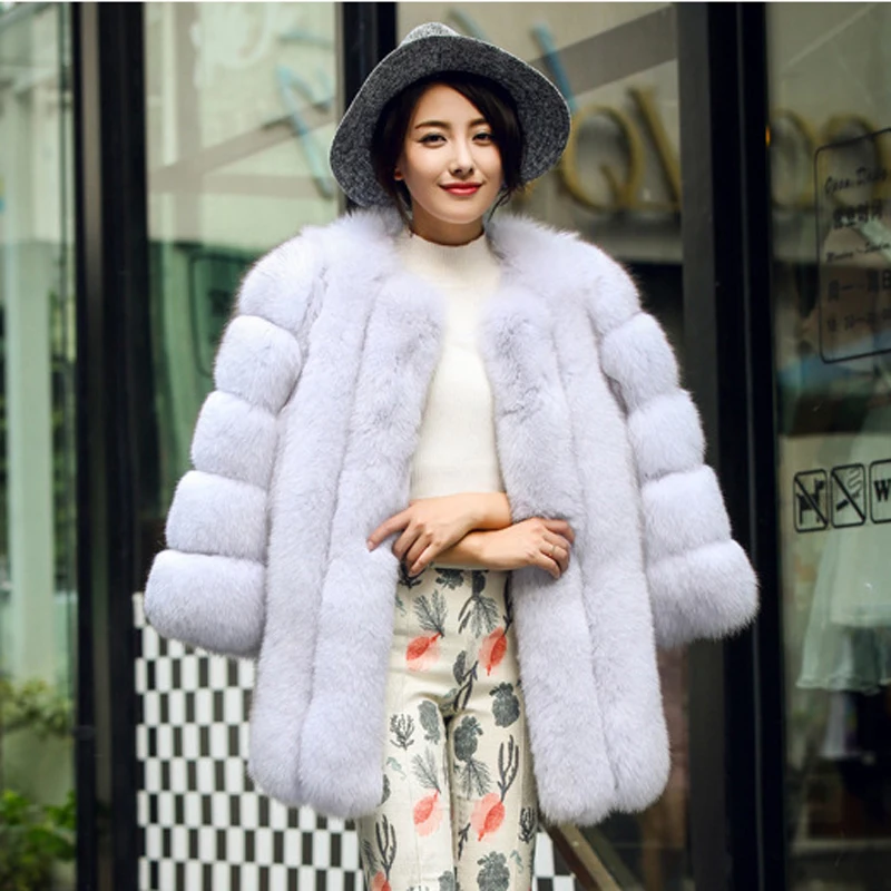 2022 Winter Faux Fox Fur Coat overcoat Women Slim Long Red Blue Faux Fur Jacket Women Fake Fur Coats manteau fourrure