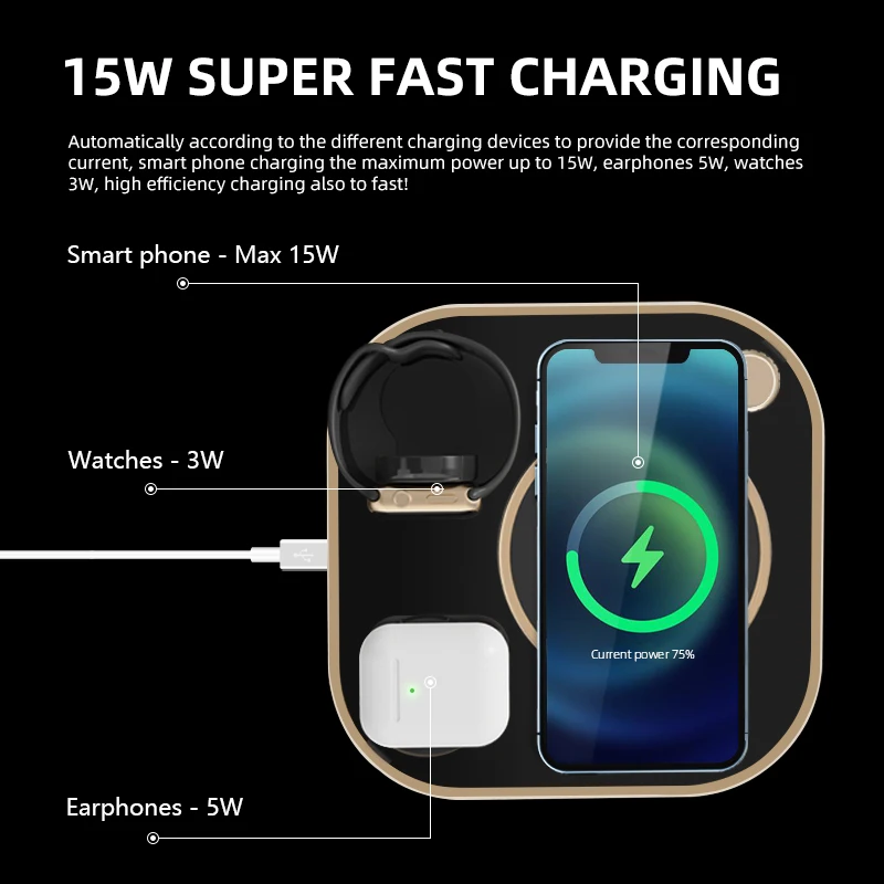 15W Wireless Charger Table Lamp Stand 4 IN 1 for IPhone 13 12 11 Pro Max Fast Charging Station for Apple Watch AirPods SamSung