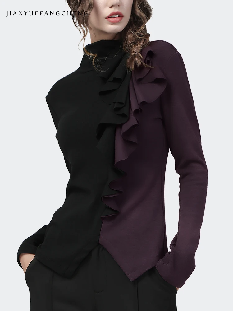 Women' Elegant Ruffles Long Sleeve Purple Black Contrast Color Sweatshirt Slim Stretch Stand-Up Collar Casual Knitted Shirt