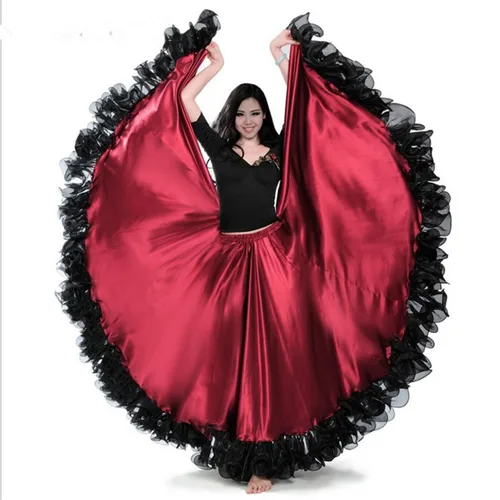 Imagen 1 del producto Falda de baile Flamenco de color rojo, moneda dorada, traje de actuación de baile español, vestido de flamenco de 180-720 grados, talla grande