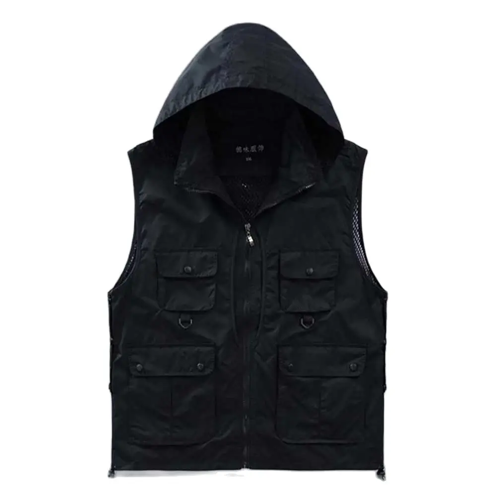 Versatile Photographer Men Hooded Vest Waterproof Mesh Vest Men Gilet Sleeveless Jackets with Big Pocket Spring Summer Clothes