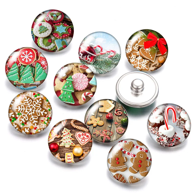 DB0584 Christmas Biscuits and candies 18mm snap buttons 10pcs mixed round photo glass cabochon style for snap button jewelry