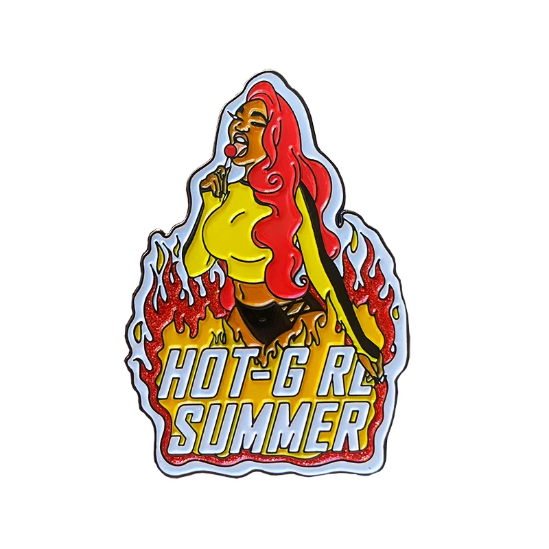 Trader flame Girl red and yellow warm Lapel Pin Manufacturer Letter Red and yellow flame girlish black nickel soft enamel Badge