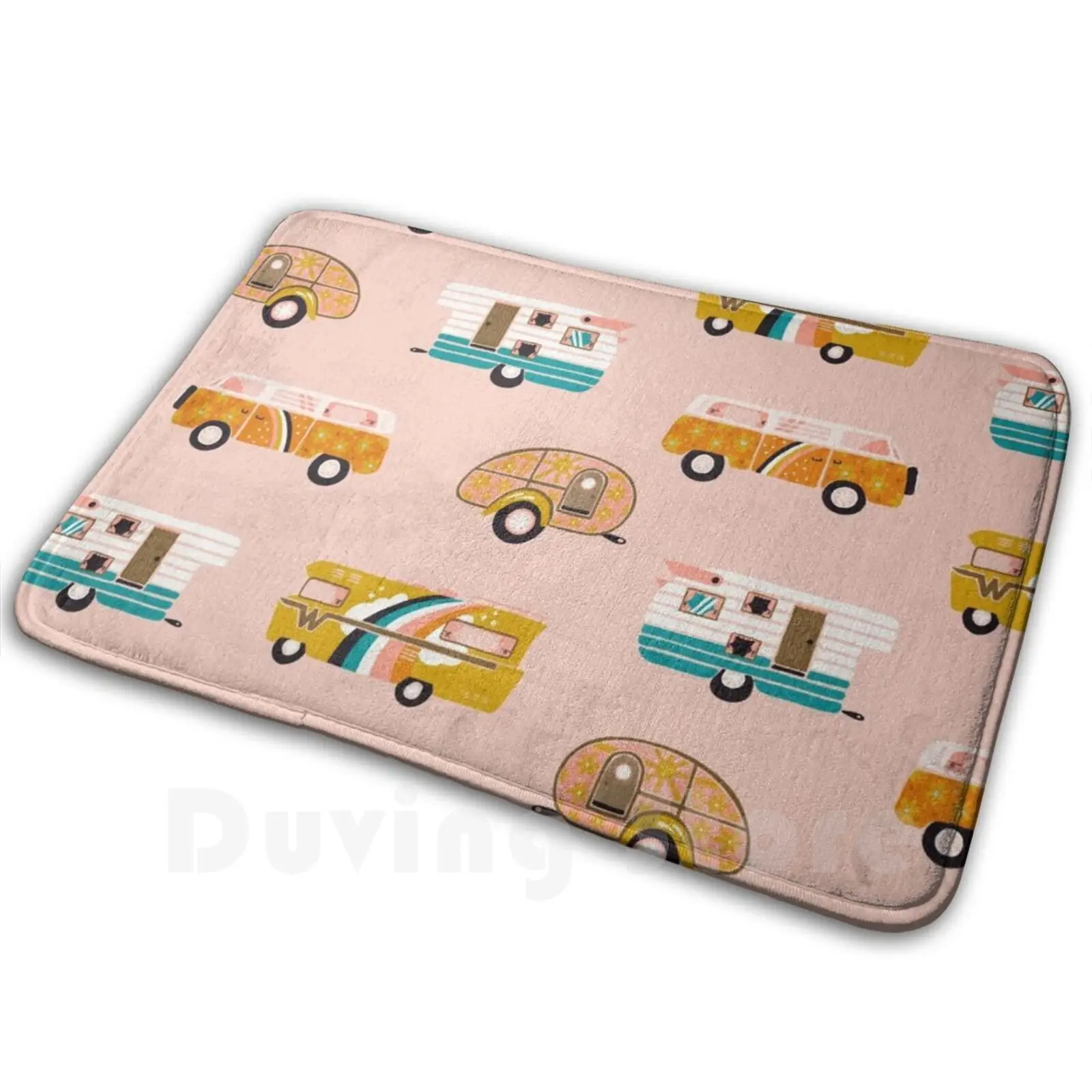 Retro Road Trip – Pink Palette Mat Rug Carpet Anti-Slip Floor Mats Bedroom Camping Rv Car Vehicle Vintage Retro Van Van Life