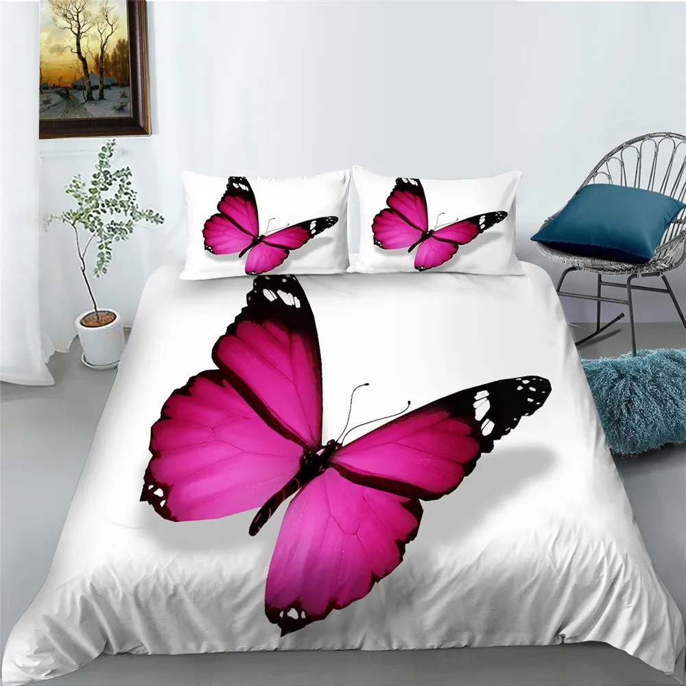 

Home Bed Set Newly Fashion Duvet Cover Set White Background Home Textiles Pink Butterfly Queen Comforter Sets Highend