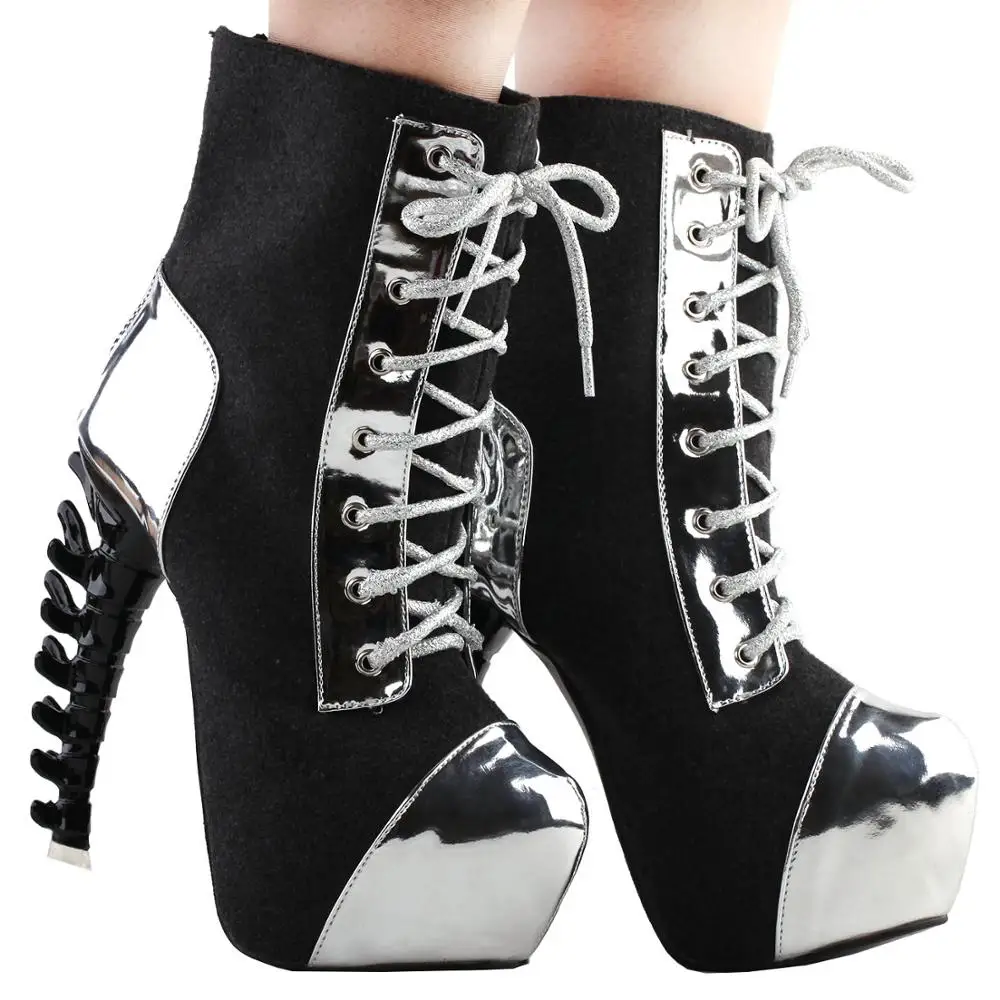 Cool Dark Grey Silver Two Tone Lace-Up High-top Bone Heels Platform Ankle Boots