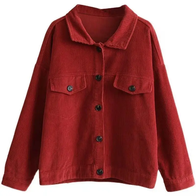 Corduroy Women Shirt Blouses Solid Color Turn-down Collar Long Sleeve Retro JacketsTops Red Khaki Coat Femininas Blusas 2022