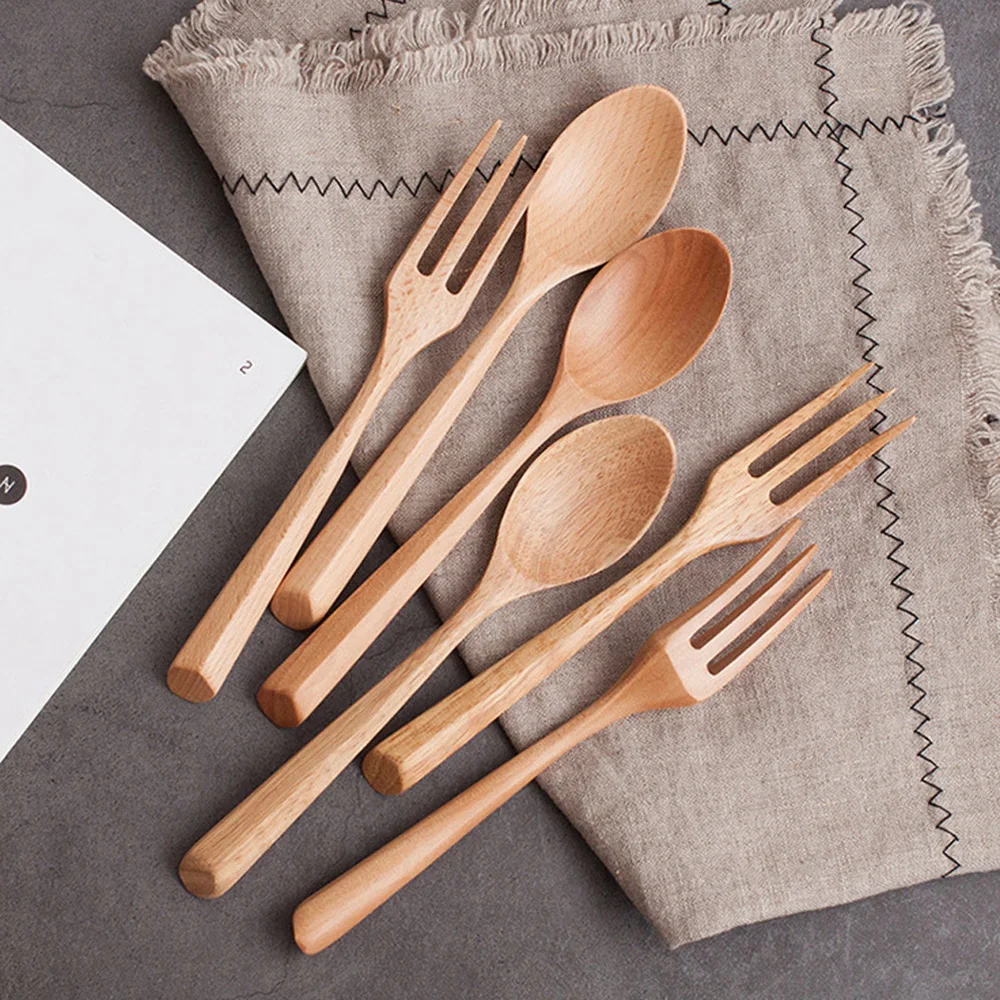 Creative Design Thick Handle Wood Spoon Fork Portable Tableware Wooden Cutlery Sets Travel Dinnerware Environmental Kitchen Tool