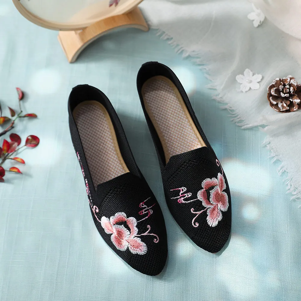 Veowalk Handmade Cotton Knitted Women Pointed Toe Flat Shoes Slip-on Breathable Comfortable Flats Ladies Loafers Driving Shoes