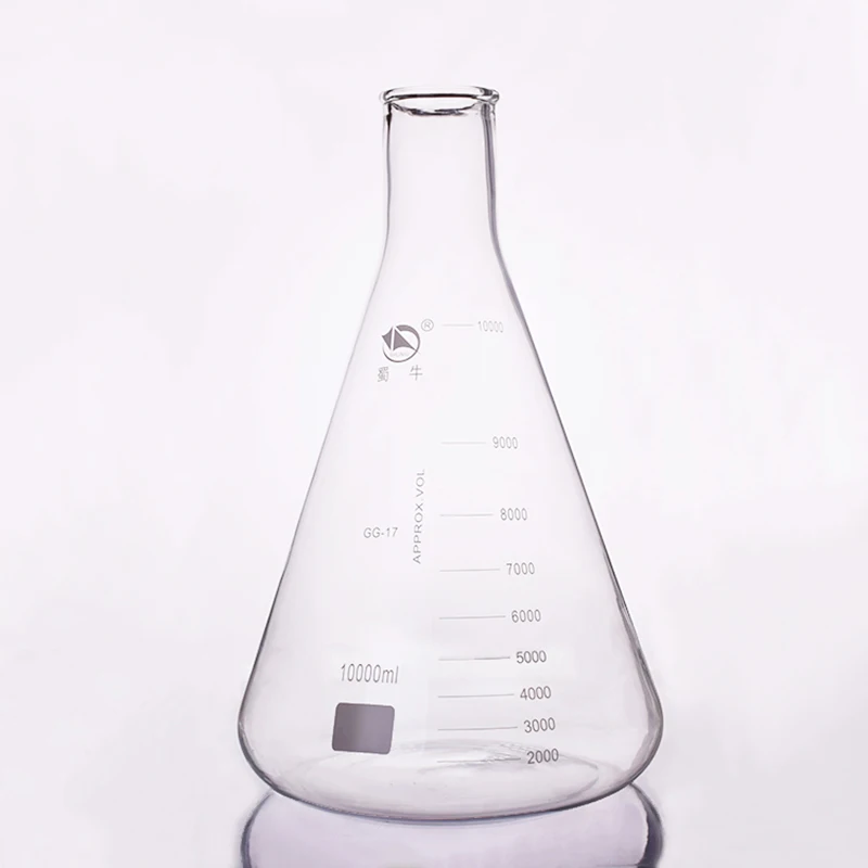 

Conical flask,Narrow neck with graduations,Capacity 10000ml,Erlenmeyer flask with normal neck.