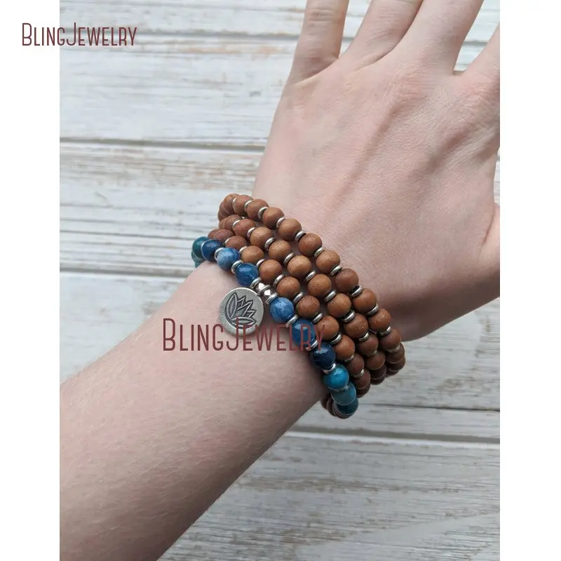 Sandal Wood Blue Apatites 108 Mala Necklace Wrist  Bracelet With Stering Silver Plated Lotus Charm MN31521