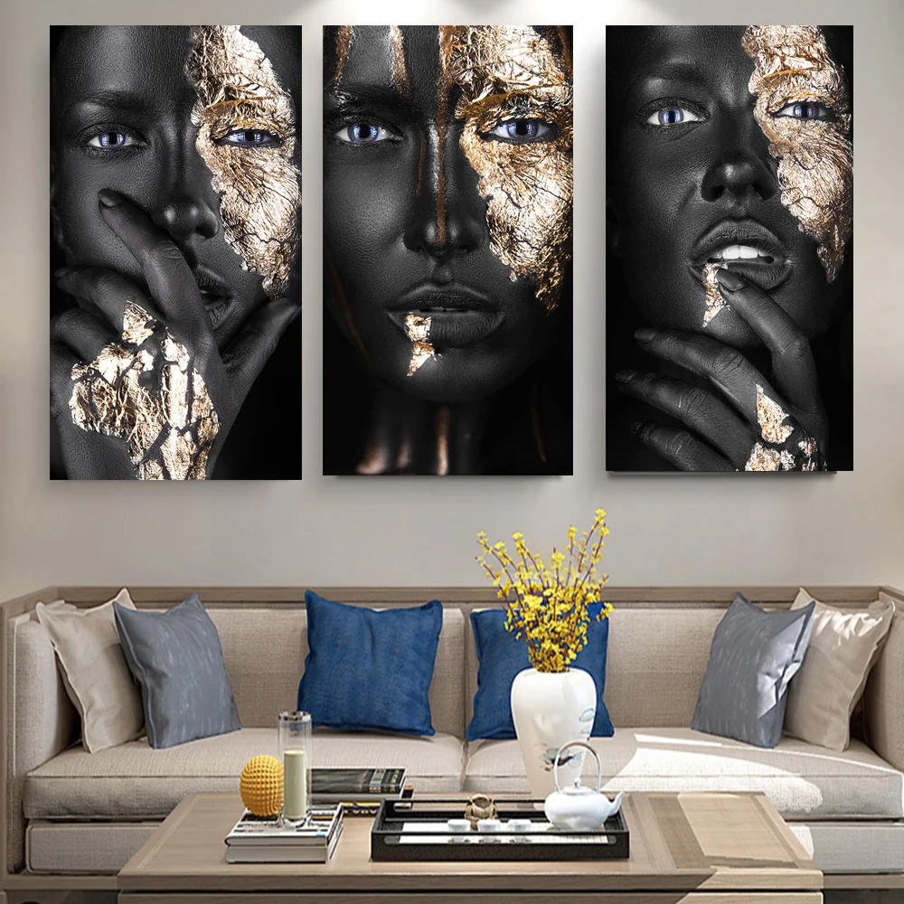 

African Art Black and Gold Woman Oil Painting on Canvas Cuadros Posters and Prints Scandinavian Wall Art Picture for Living Room