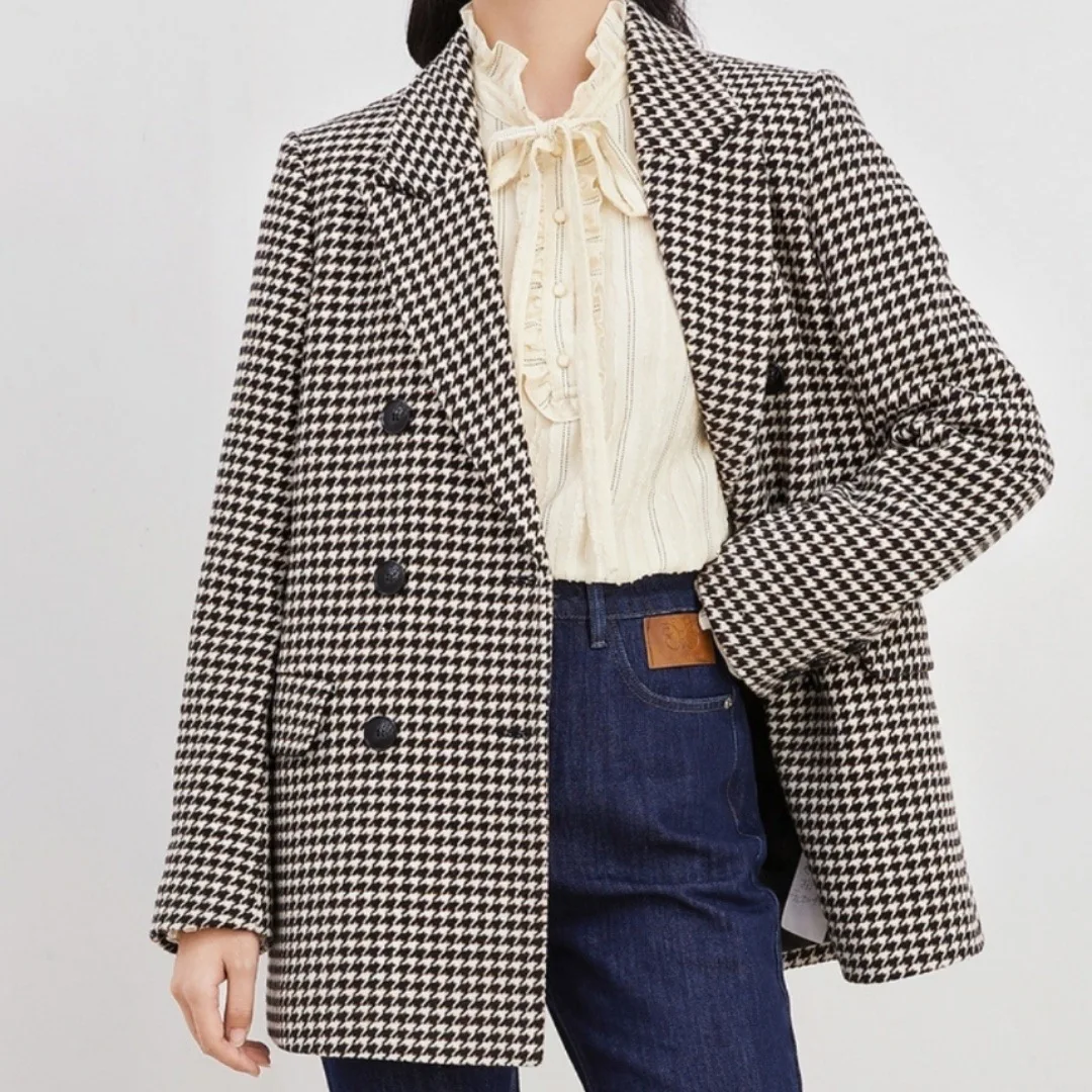 

Women's Houndstooth Jacket Woollen Overcoat Winter Houndstooth Coat Korean Version Custom Made Woolen Coat Suit Thick And Loose