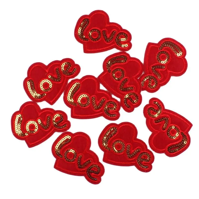 10pcs Embroidered Love Patch Iron On Sequined Red Heart Patches For Jeans Bags Hats Dress Decoration Badge Sewing Appliques DIY