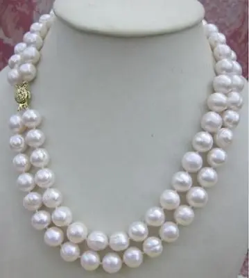 

+2017 NEW 2 rows AAA 9-10MM WHITE SOUTH SEA PEARL NECKLACE 14K GOLD CLASP