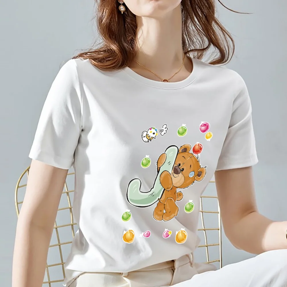 Fashion Women's T-shirt Casual Simple Bear Pattern 26 English I Letter Printing Slim Short-sleeved Round Neck Commuter Soft Top