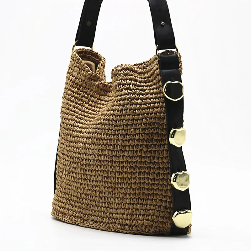 Imagem -02 - Moda Rebite Grande Capacidade Bolsas de Palha Artesanal Tecido Bolsas de Ombro Feminino Bolsas de Luxo Verão Praia Grande Tote Bolsas 2023