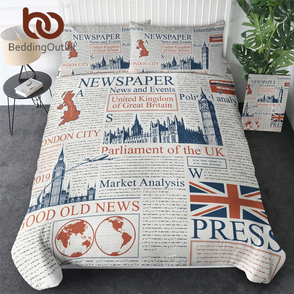 

BeddingOutlet Newspaper Bedding Set Queen UK London Duvet Cover Magazine Bedclothes 3-Piece News Letters Classic Home Textiles