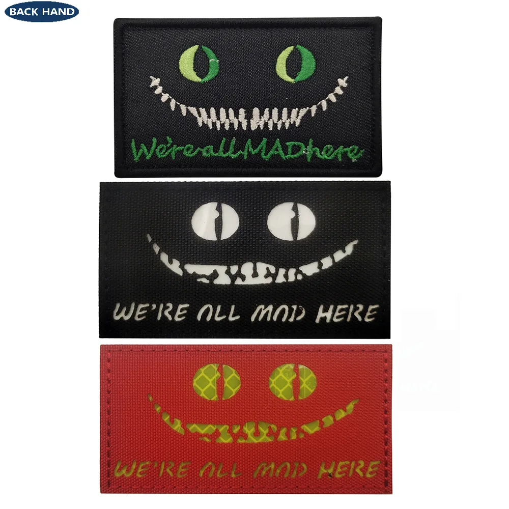 Embroidery Patches WE ARE ALL MAD HERE Badges Emblem Luminous Cat 9*5cm Accessory Hook and Loop Armband Needlework DIY