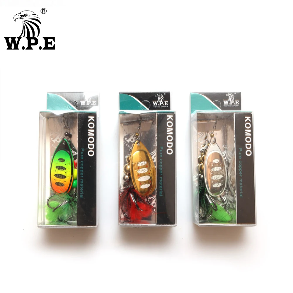 W.P.E Brand NEW Spoon Lure 1pcs 4#/5# Spinner Lure Bass Fish Hard Lure Brass Swim Bait Feather with Treble Hooks Wobblers Tackle