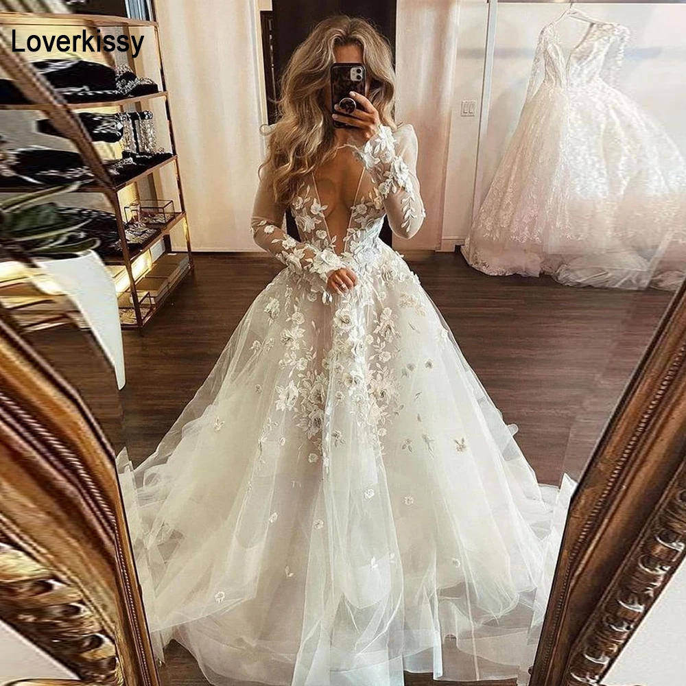 

Loverkissy Sexy Deep V Neck Puffy Tulle Wedding Dresses with Long Sleeve Lace Appliques illusion Ball Gowns Princess Party Dress