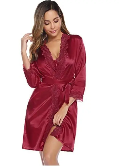 

New Hot Sexy Lingerie Plus Size Satin Lace Black Kimono Intimate Sleepwear Robe Sexy Night Gown Women Erotic Underwear 2020