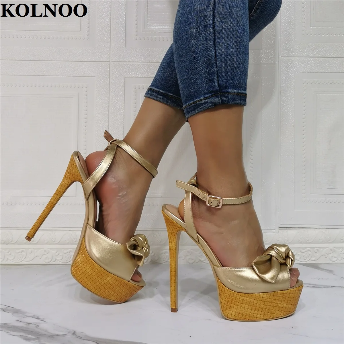 

Kolnoo New Arrival Handmade Womens High Heels Sandals Buckle Ankle Strap Real Photos Sexy Platform Butterfly-knot Fashion Shoes