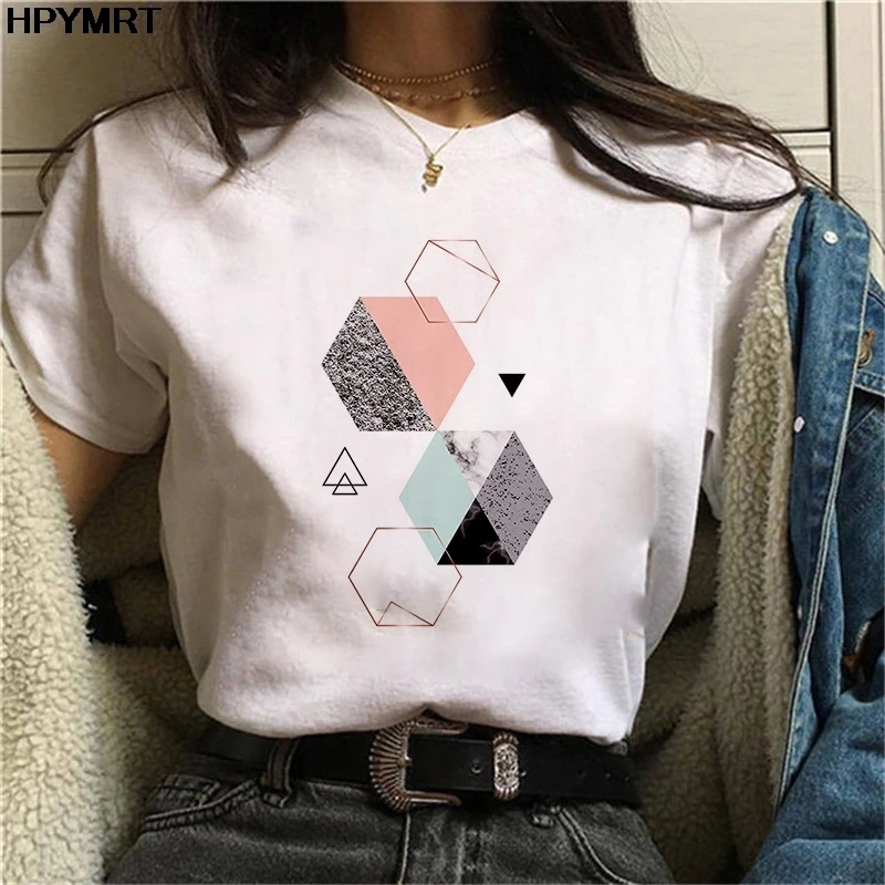 

New Summer Geometric figure printed t shirt Women 90s Short Sleeve TShirt Harajuku Fashion landscape T-shirt Clothing Streetwear