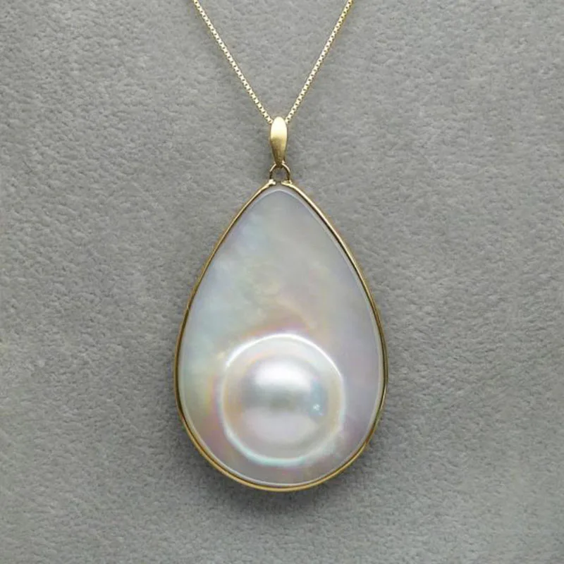 18K Yellow Gold Big Real White Cultured Blister Mabe Pearl Pendant Necklace 43MM