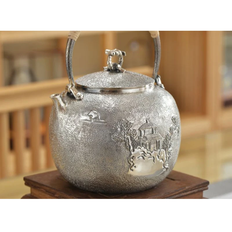 Silver pot 999 sterling silver handmade tea set Japanese retro teapot kettle home tea ceremony Kungfu tea set 800ml