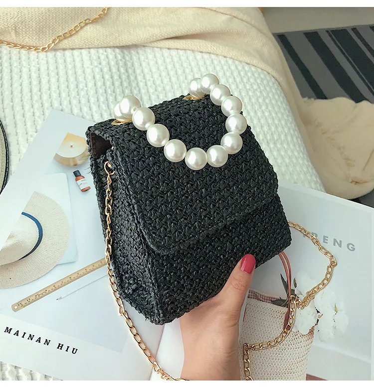 Fashion straw bags rattan weave with pearl charm women handbags luxury handmade paper shoulder crossbody bags summer beach purse