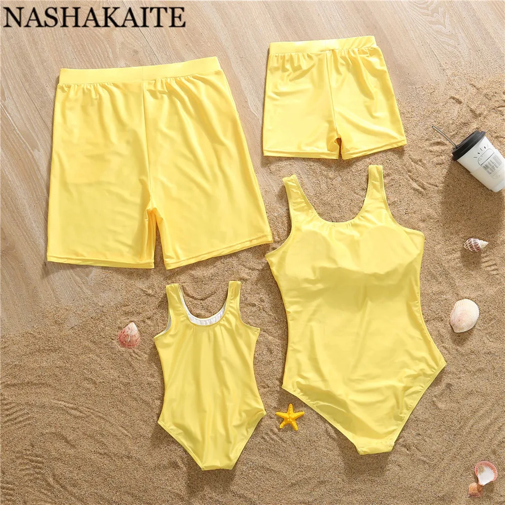 NASHAKAITE Mother Daughter Swimwear Yellow Letter Printed Family Swimsuit Summer Beachwear Family Look Mommy and me clothes