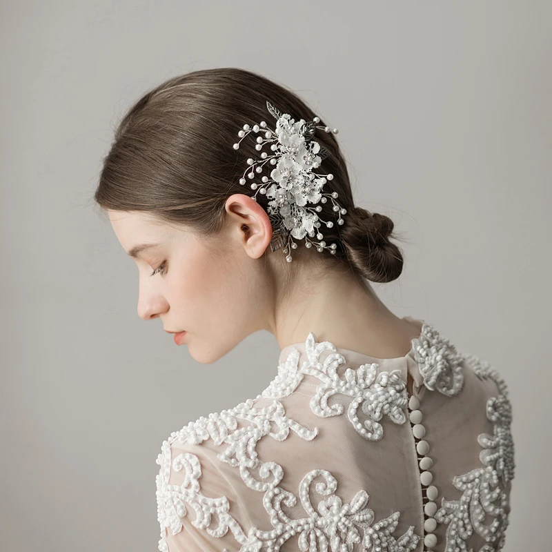 O381 Kant Bloemen Hollow Bladeren Bruids Strass Handgemaakte Haar Kam Bridal Kristal Bloemen Haar Kam Met Parel Voor Bruiloft