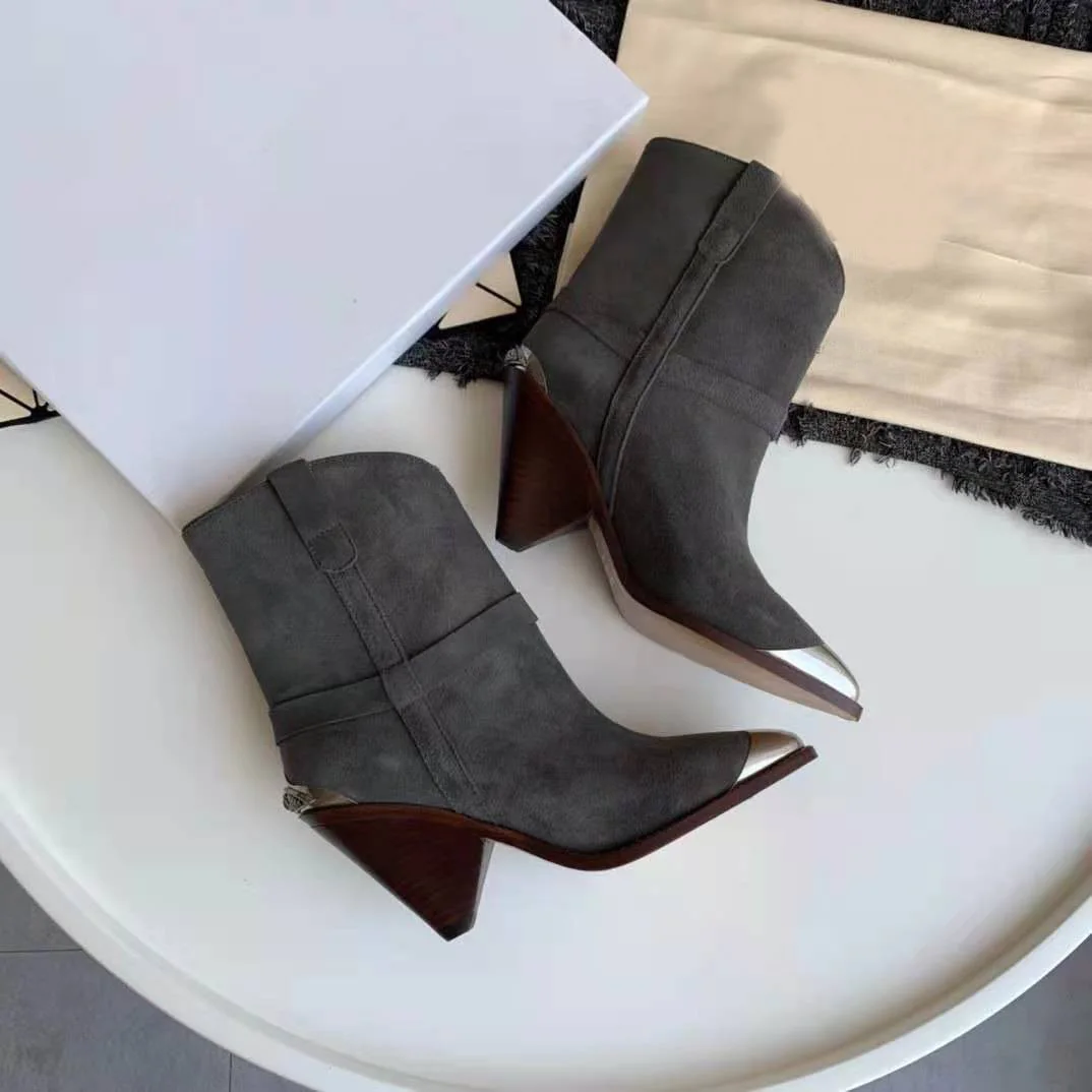

Paris Lamsy Boots High-heeled Ankle Boots Triangular Heel Metal Toe Suede Leather Shoes