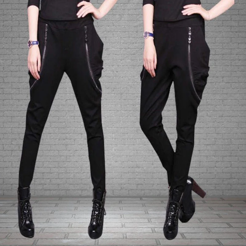 

Fall 2020 Women Harem Pants Thin Pleated Fake Zipper Cotton Fibers Skinny Pants Cross-pants Black Punk Woman Pants Plus Size 5XL