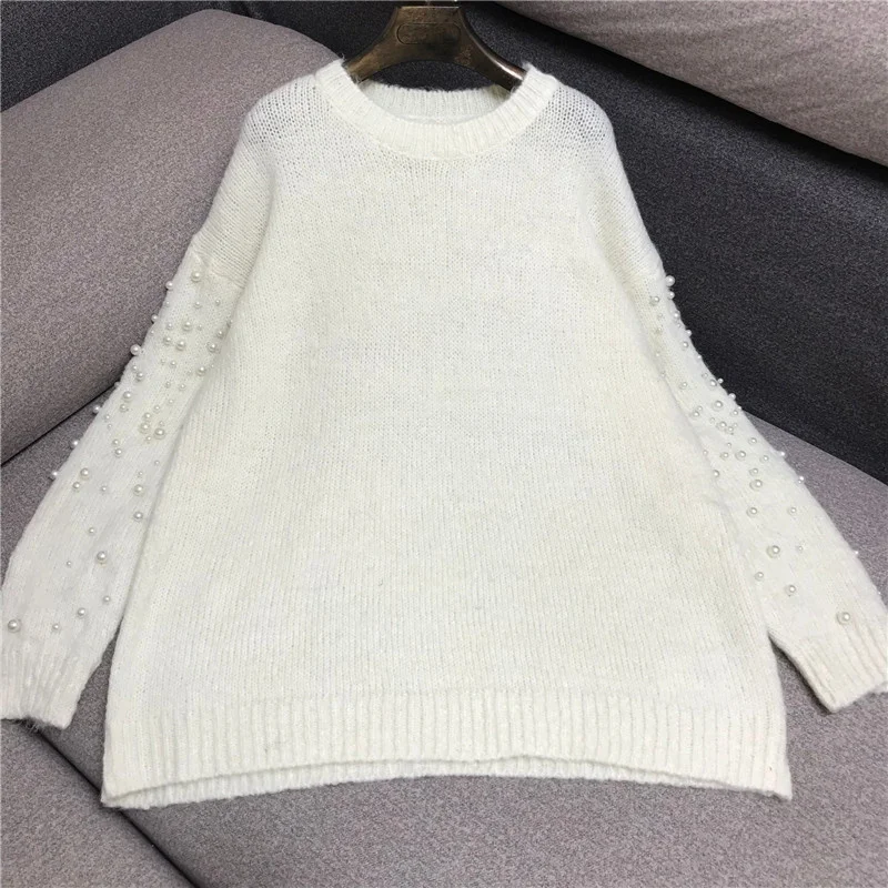 Winter Autumn Women Long Pullovers Loose Street Style Fashion Casual New Solid Beading Patchwork Round-Neck Female Sweaters