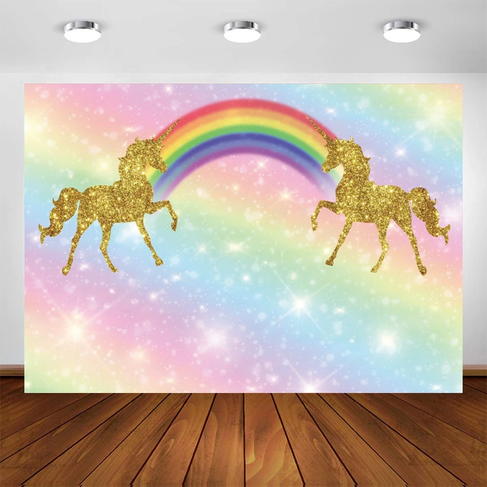 

Yeele Baby Girl Birthday Party Backdrop Photography Rainbow Golden Unicorn Colorful Background Photocall Photo Studio Photophone