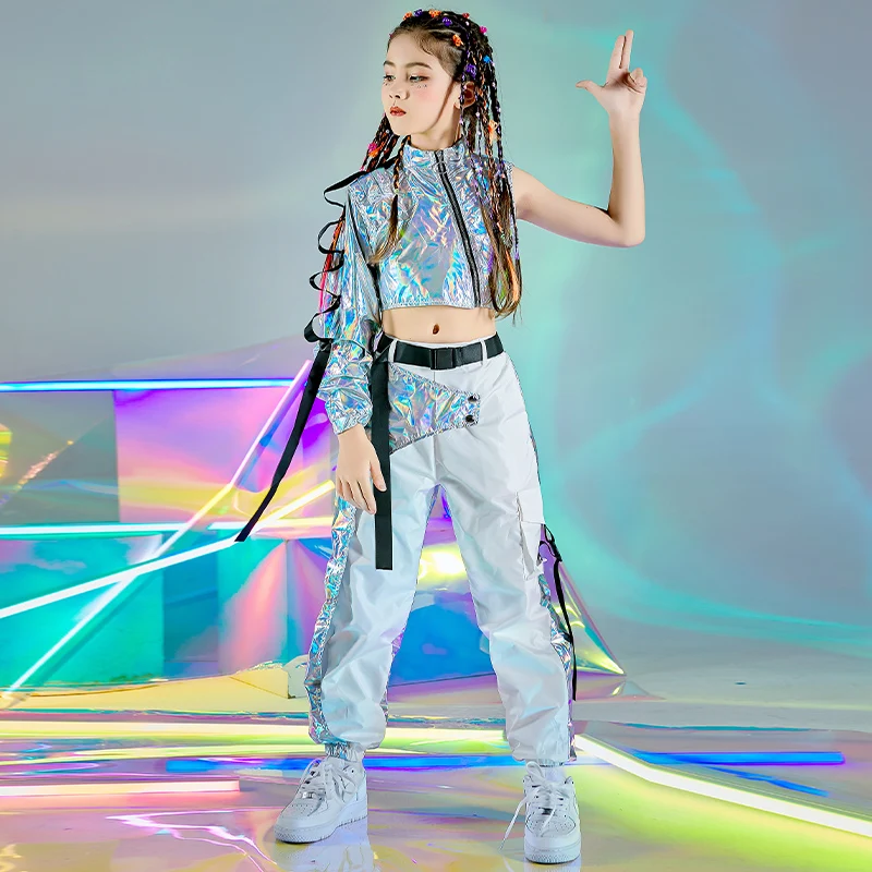 Hip-Hop Dance Clothes Reflective Rave Outfit Girl Sets Jazz Dancewear Festival Crop Tops Cargo Pants Catwalk Show Costume DL8320