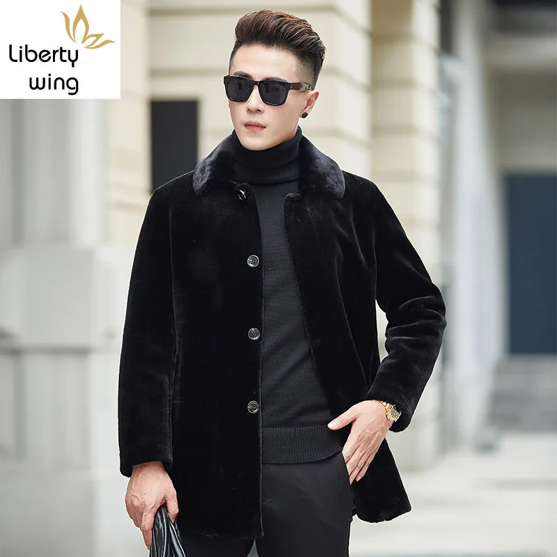 

Fashion Slim Fit Wool Jacket Winter Luxury Turn-down Collar Single Breasted Business Sheep Fur Coat Men Plus Size 3XL