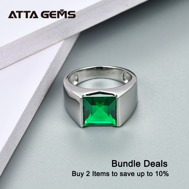 Emerald Sterling Silver Ring 925 Silver Jewelry 4.8 Carats in Square 10mm Created Emerald Green Color With Top Quality For Men