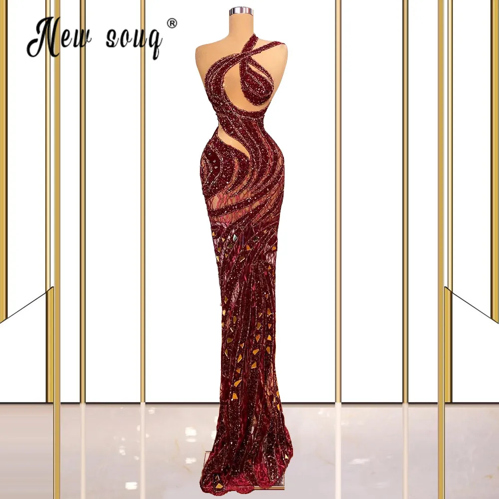 Burgundy Mermaid Long Evening Dress Elegant Beading Diamond Celebrity Dresses See Through Rhinestones Party Gowns De Soiree