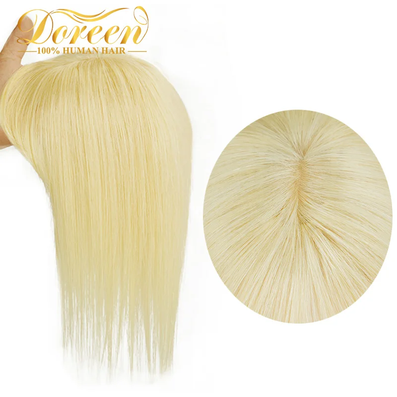 Doreen13*13cm 30cm 40cm Topper Hair with Bangs 100% Real Remy Human Hair Fashion Topper  Wig for Woman Platinum Blonde 613