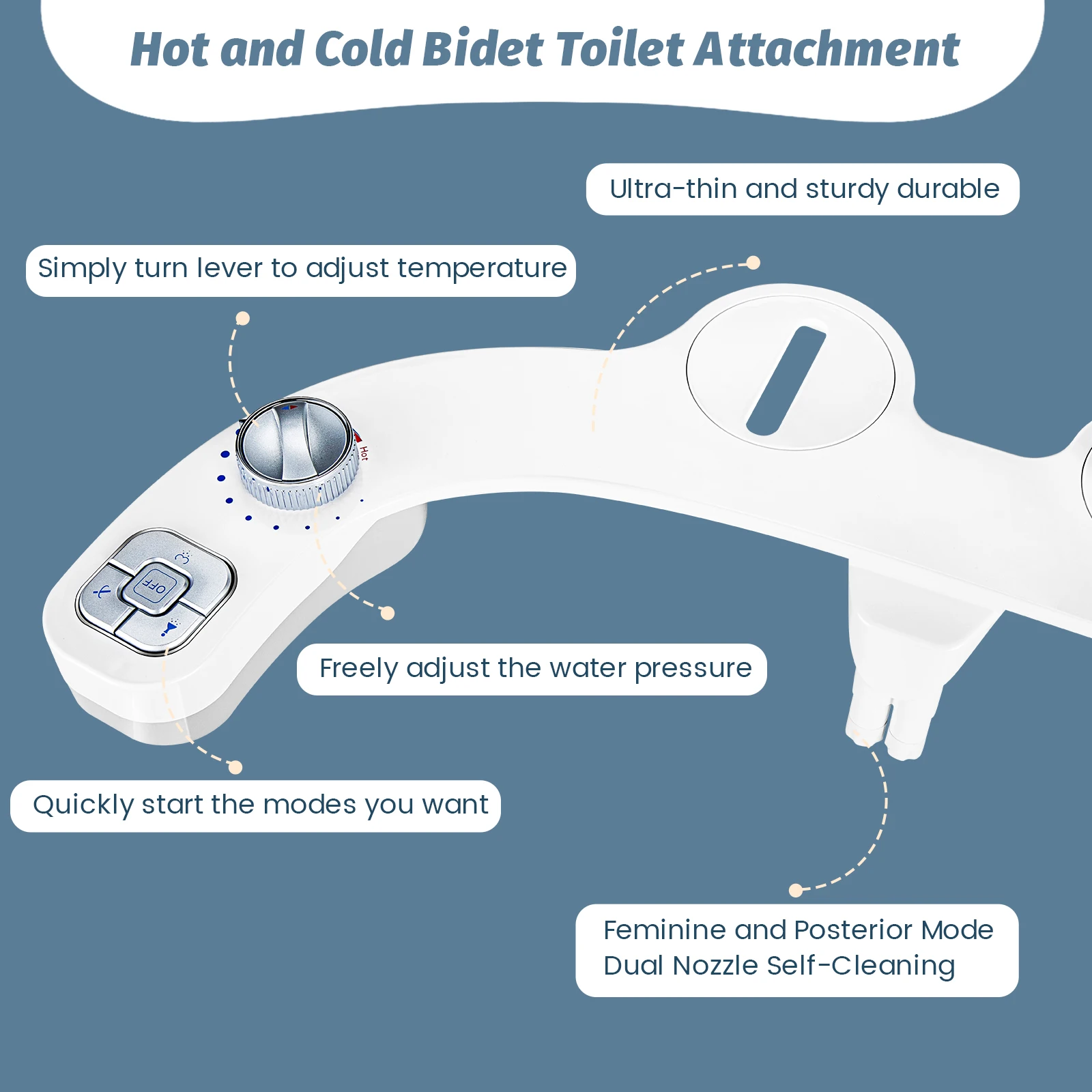 Attachment de Bidet para Inodoro con Agua Caliente, Ultra-Delgado Attachment de Bidet Caliente y Frío, Control de Boquilla Pulverizadora Autolimpiante de Presión No Eléctrica Ajustable, para Lavado Posterior y Femenino