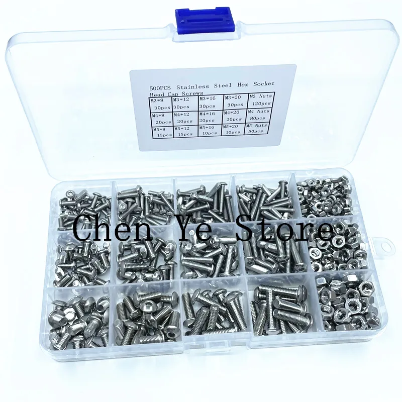 

500pcs/Lot M3 M4 M5 Stainless Steel 304 Hexagon Socket Head Cap Socket Screw Bicycle Hex Bolt Nut Screws Set Assortment Kit tool