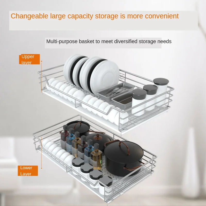 2-Layer Stainless Steel Pull Out Storage Rack Basket Kitchen Slide Cabinet Organizer Drawer Baskets Holder