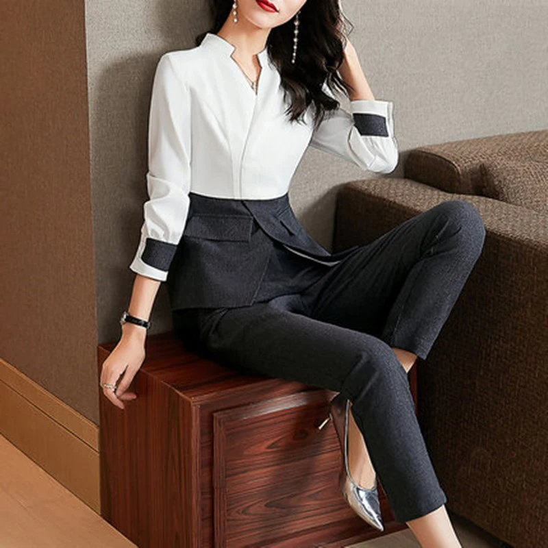 Professional suit 2024 spring new women casual fashion two-piece high-waist stitching shirt top + straight pants 2-piece set 122