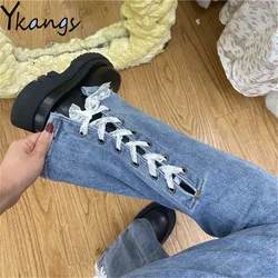 Back Lace Bandage High Waist Slim Flared Jeans Black Blue Skinny Stretchy Women Denim Pant Harajuku Boots Cut Trouser Streetwear