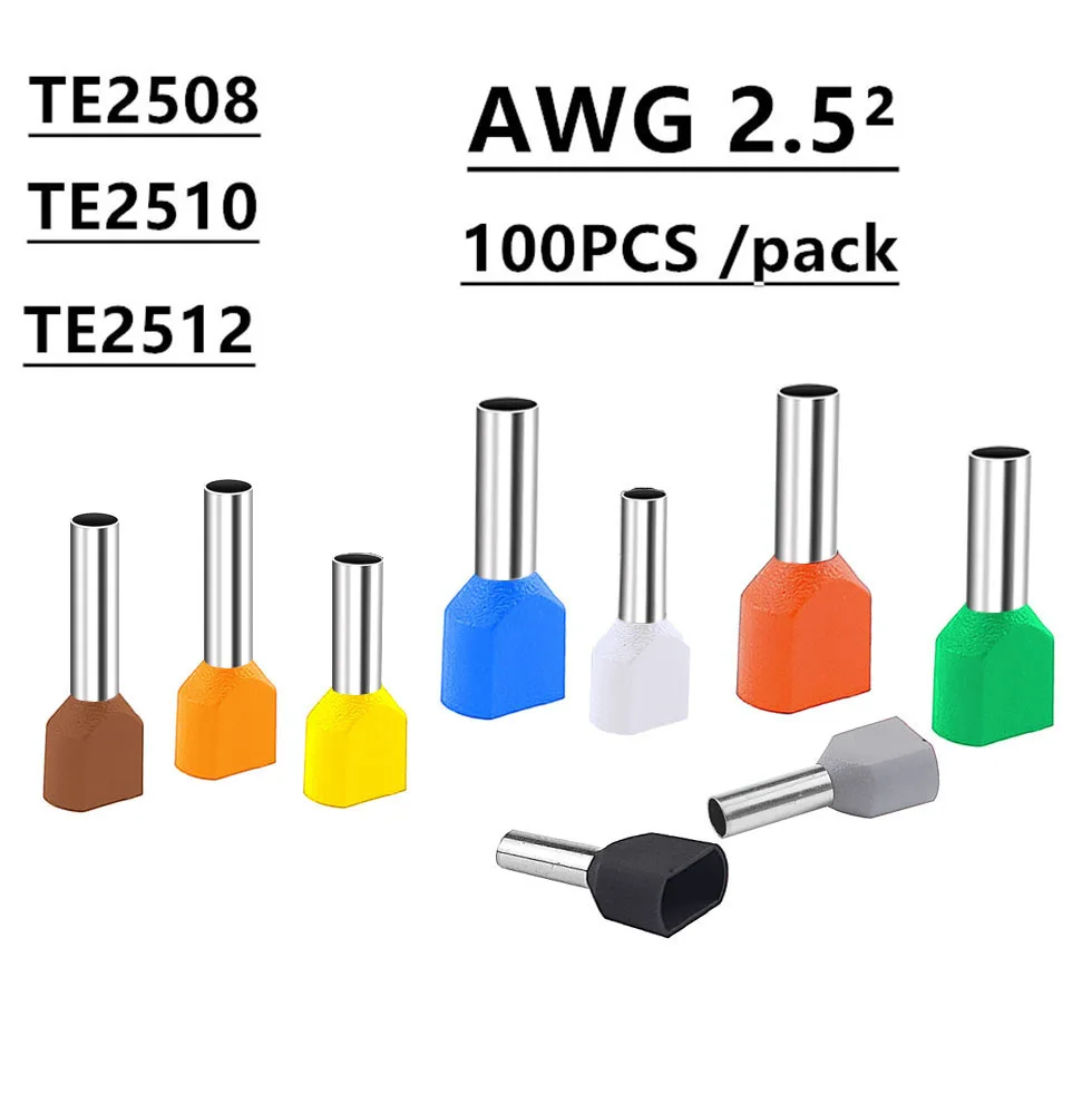 100PCS TE2508 TE2510 TE2512  double tube 2.5²type pre insulated splicel cold pressed terminal two line connection Connector