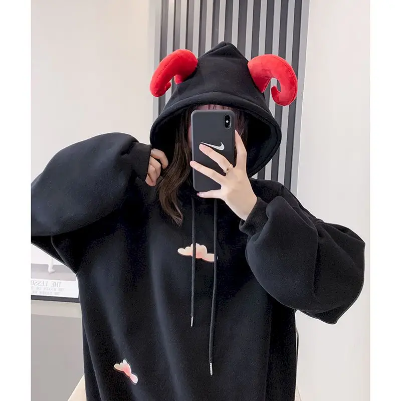 2024 Autumn Winter New Hoodies Women Korean Plus Velvet Thick Hooded Jackets Women Student Loose Cartoon Calf Horn Kawaii Hoodie