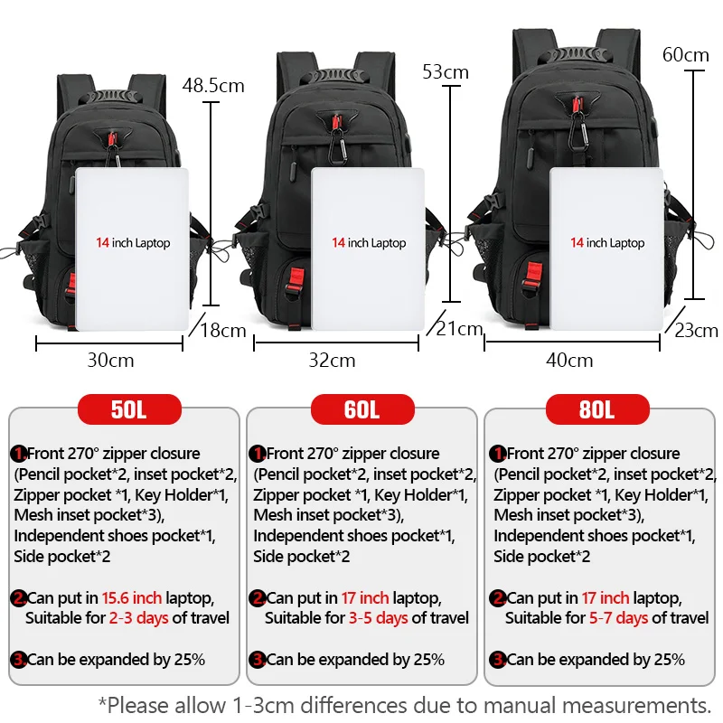 80L Laptop Backpack Men 50L Mountaineering Sports Travel Bag Mochilas Multifunctional Camping Hiking Durable Backpacks X243C+